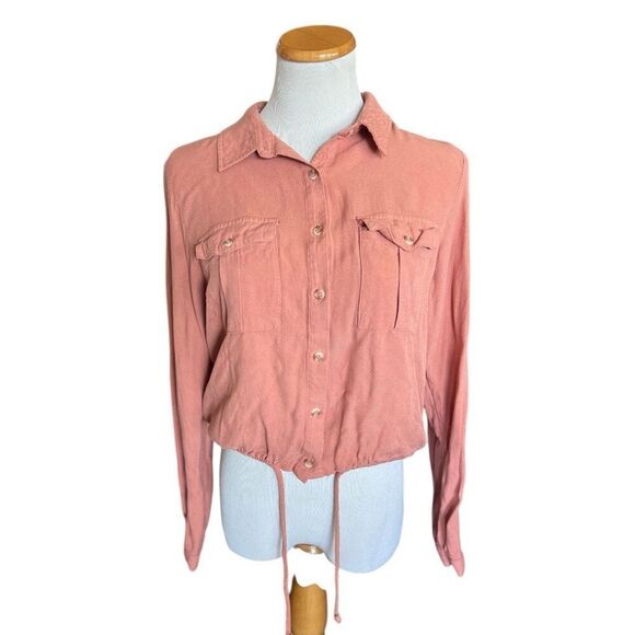 Womens No Boundaries Button Down Cinched Waist Lightweight Long Sleeve Top Sz L - Picture 1 of 2
